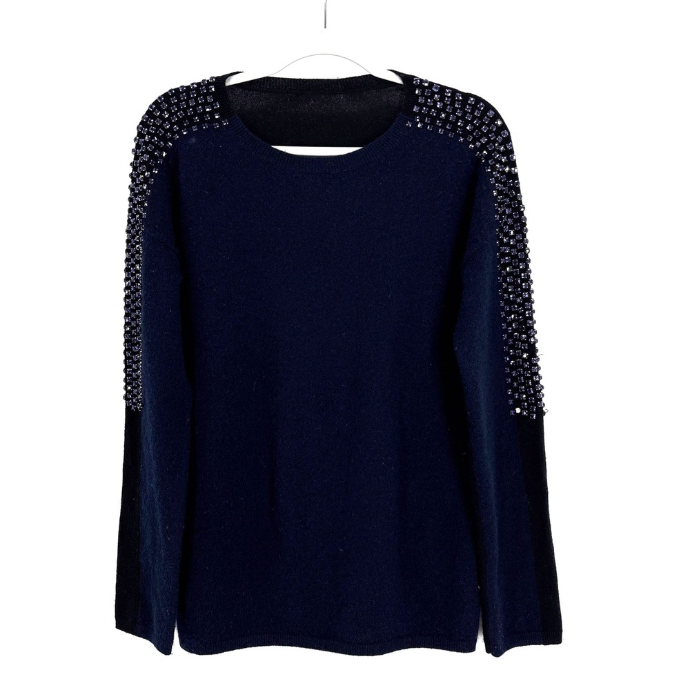 Amicale Cashmere Sweater Womens Medium Navy Black Rhinestone Embellished Sleeves